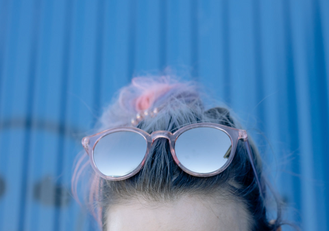 up close shot of sunglasses on a woman's head