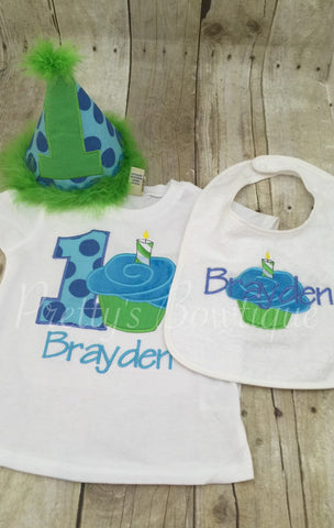 Boys 1st Birthday Cupcake Party Hat Shirt Or Onepiece And Bib Can