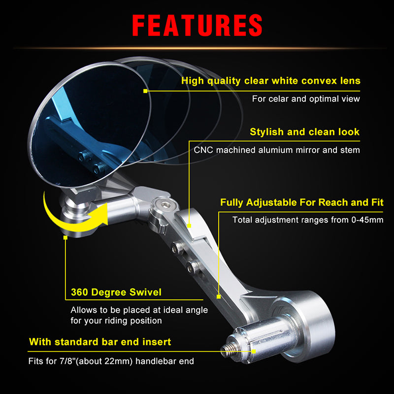 Neverland Motorcycle 7/8'' 22mm Alu Rear View Side Mirror Handle Bar End Silver