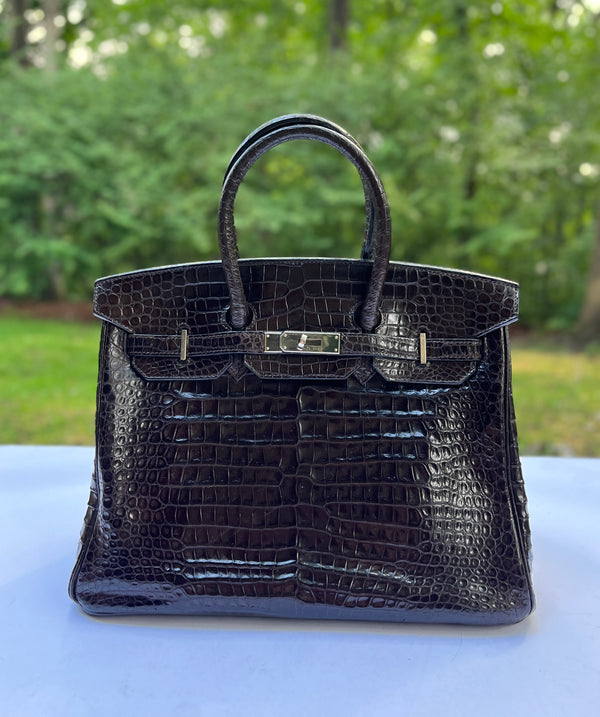 Hermes Shiny Porosus Crocodile Birkin Bag 35 Black