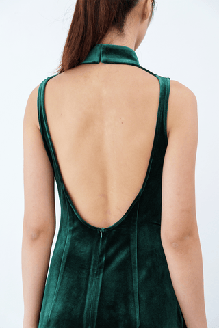 Dark Green Hellebores Open Back Velvet Qipao Prom Dresswith Slit