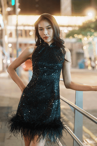 Mini Sequins Short Qipao Prom Dress with Fur