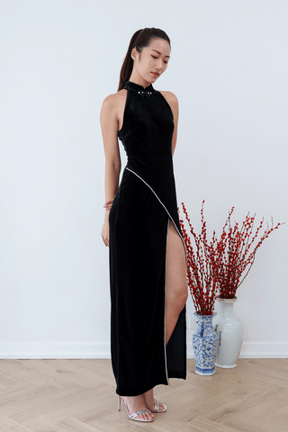 Black Swan Halter High Slit Qipao Prom Dress with Crystals