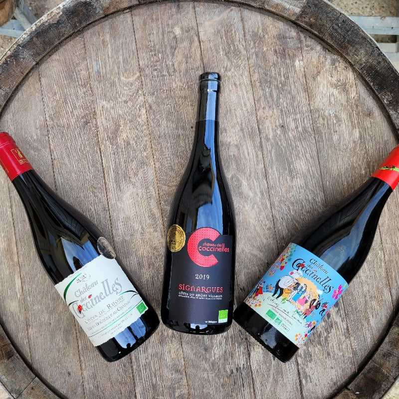 Coffrets de vins biologiques Côtes du Rhône Château des Coccinelles® 🇫🇷 Coffret au choix:Tricolore (3 bout.)