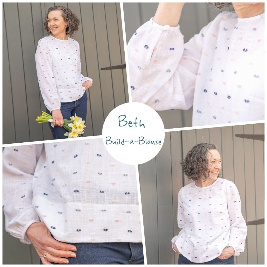 Model wearing Beth Build-a-Blouse and close-ups of blouse