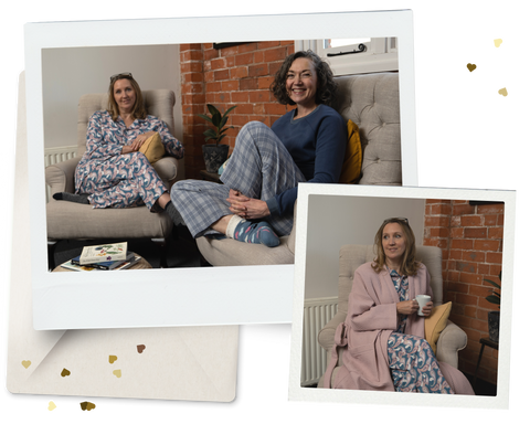 Polaroid pictures of models on sofas in comfy pyjamas