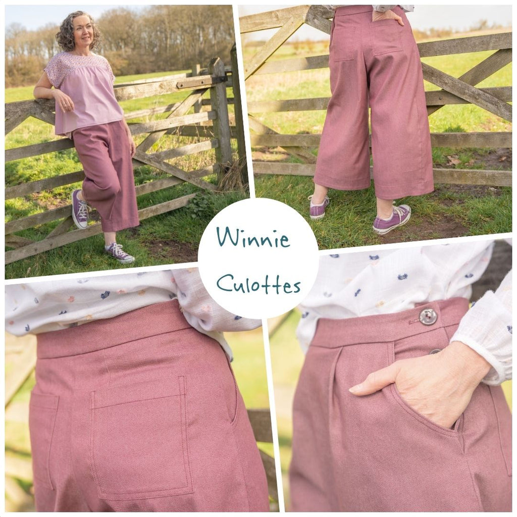 Model wearing Winnie Culottes and closeups of culottes