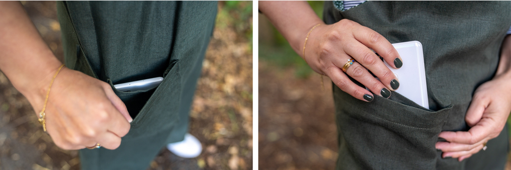 Two images side by side showing a woman's hand opening a pocket to show a phone and a woman's hand with painted nails and a ring pulling a phone out of a pocket