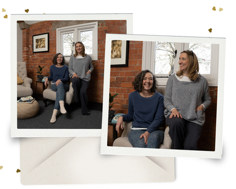 Polaroid pictures of models on on chairs in comfy loungewear