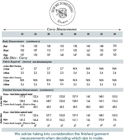 Ada Skirt - Curvy 20-34 - Measurement Chart