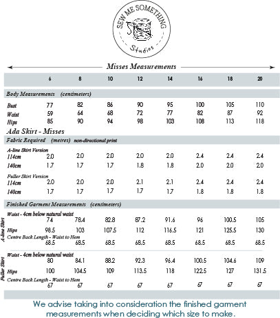 Ada Skirt - Misses 6-20 Measurement Chart