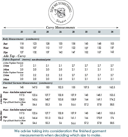 Ada Top - Curvy 20-34 Measurement Chart