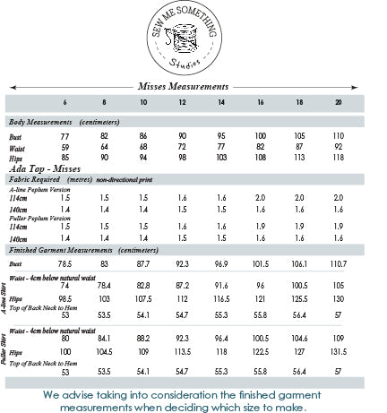 Ada Top - Misses 6-20 - Measurement Chart