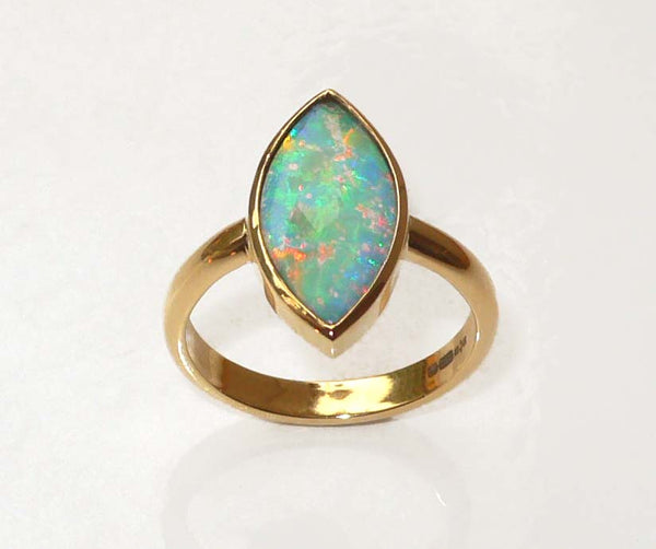 Handmade Opal 18ct. Red Gold Ring 13x6.5mm Collet Set Half Round Band - David Smith Jewellery