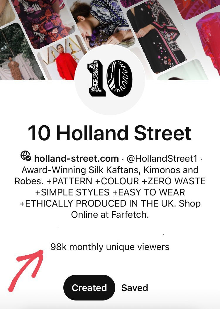 10 Holland Street Pinterest Social Media Milestone 98k unique monthly viewers. Textile Designer Brand 
