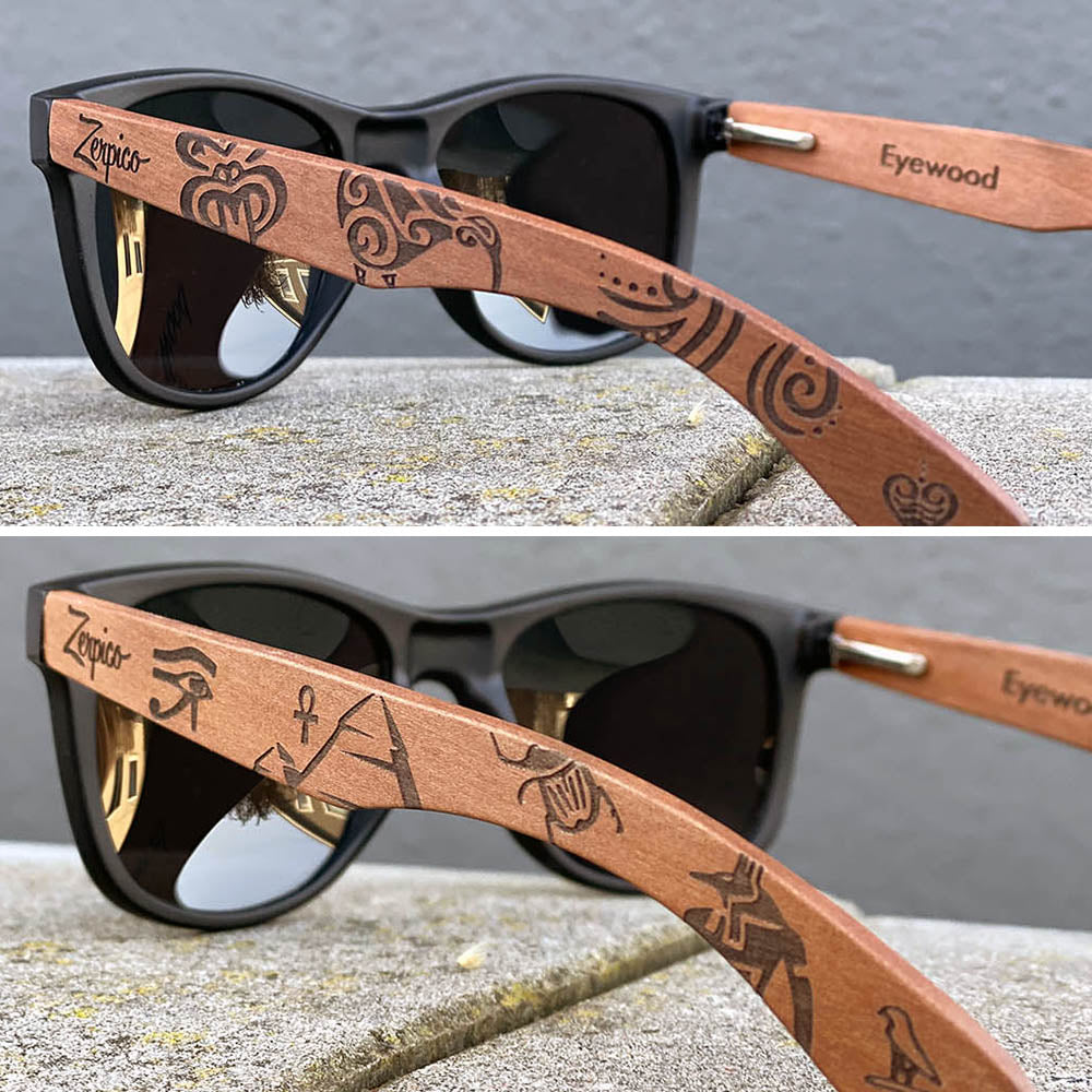Eyewood engraved wooden sunglasses, tribal and relic designs.