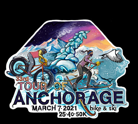 Tour of Anchorage Desgin 2021 NSAA Sarah K. Glaser illustration of cross country nordic skiier, fatbiker, and lynx