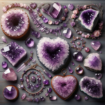 amethyst crystals collection clusters hearts jewelry pendants