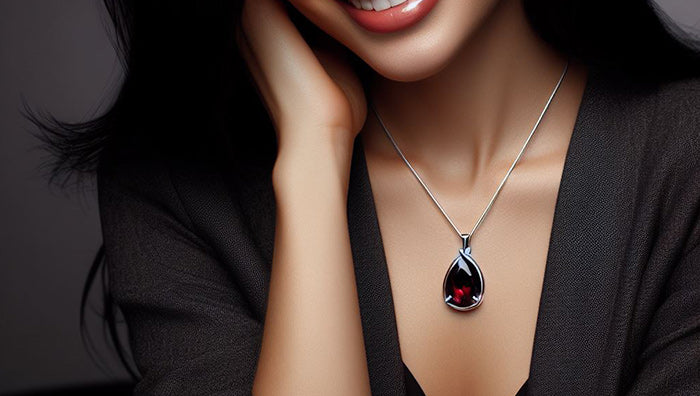 garnet crystal for love pendant sterling silver worn by lady