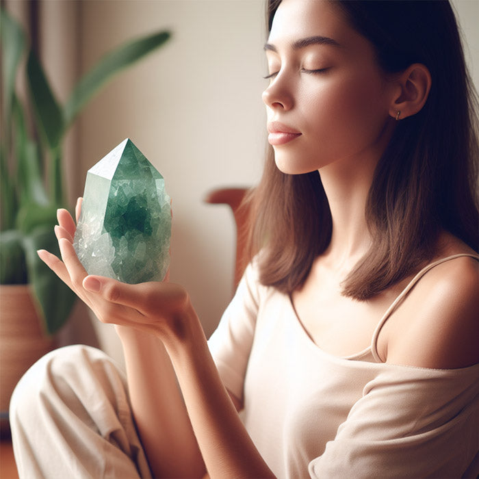 lady meditating with green aventurine crystal point