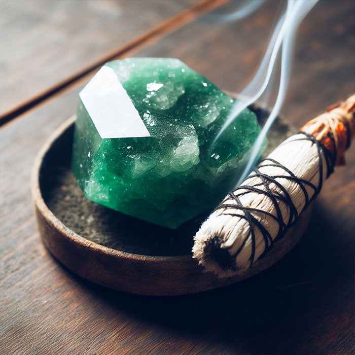 green aventurine crystal with smudge stick cleansing crystal