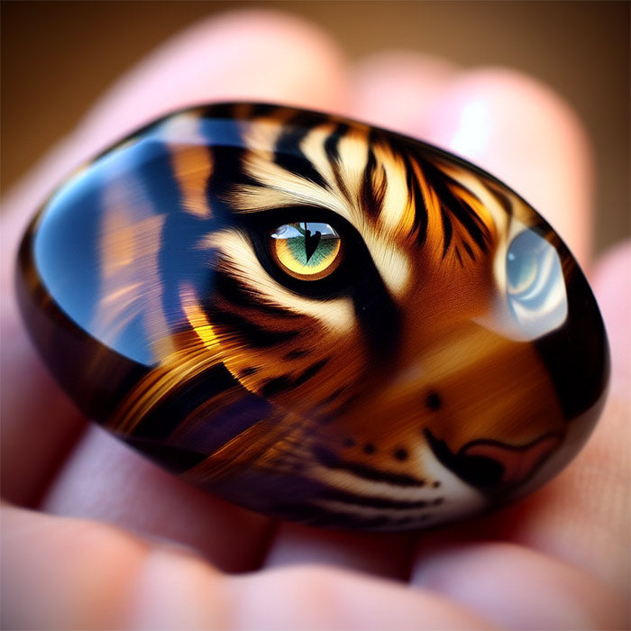 Tigers eye crystal palmstone with real tiger on it