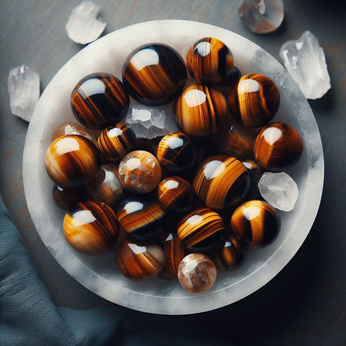 tigers eye crystals spheres with quartz crystal selenite bowl