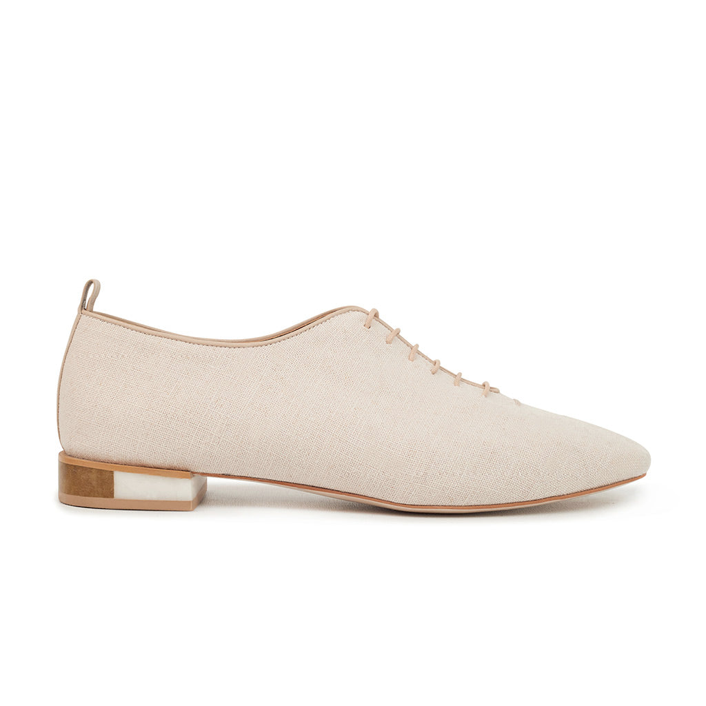 MARIE Linen Lace-up Flats with Leather 