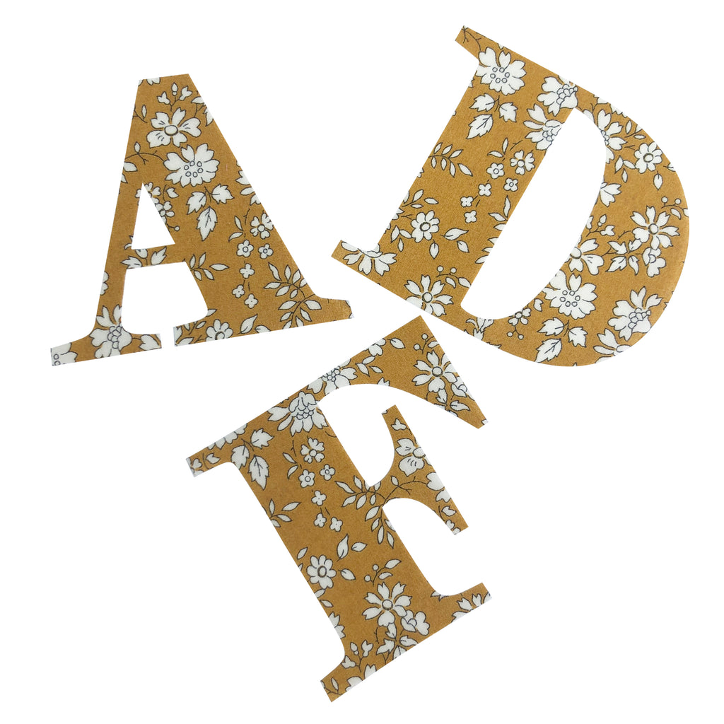 liberty print capel mustard iron on individual a z applique letters u