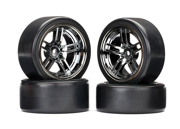 TRA8378 - Tires and wheels, 1.9' Drift tires (front and rear) split-spoke black chrome wheels