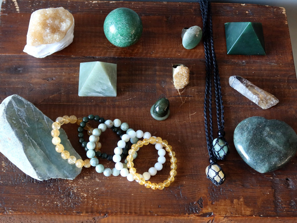 aventurine, jade, citrine crystals and jewelry