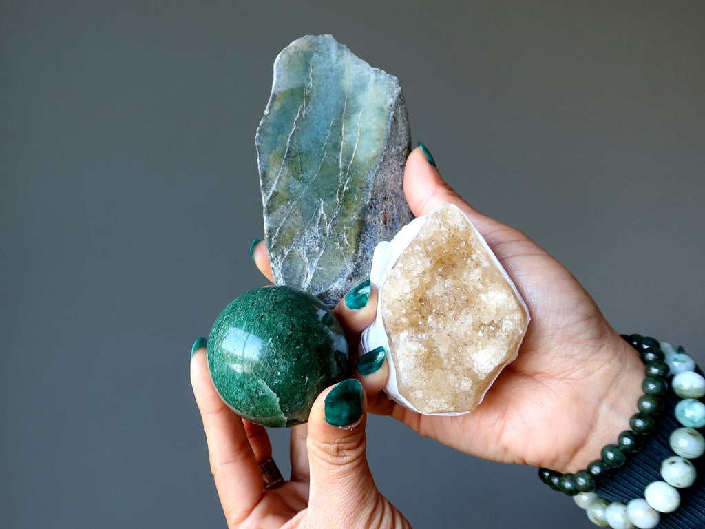 aventurine sphere, jade slab, citrine cluster