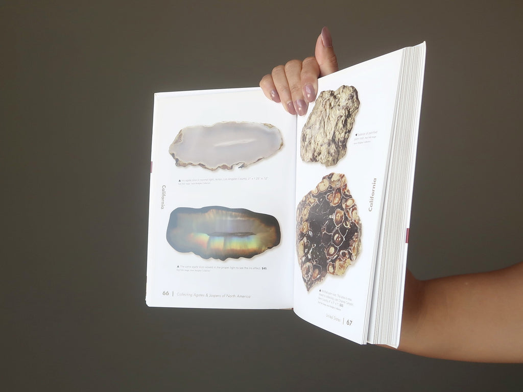 What is Agate Stone? Book on Agates held up against gray wall at Satin Crystals.