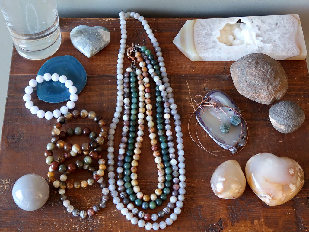 agate stones and jewelry, water, moqui marbles