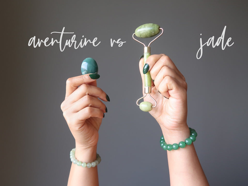 green aventurine cabochon and bracelet versus jade facial roller and jewelry