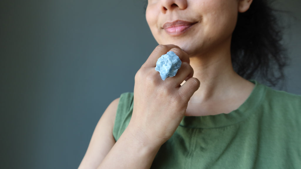 blue calcite ring on model