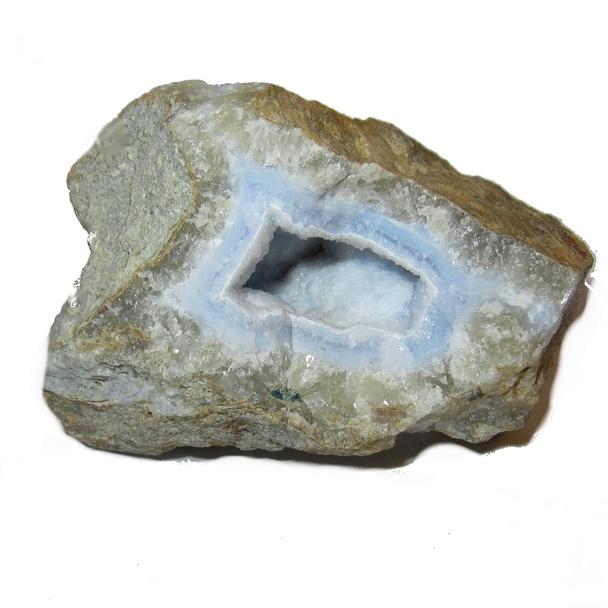 Brown rocky geode with banded blue and white Chalcedony center
