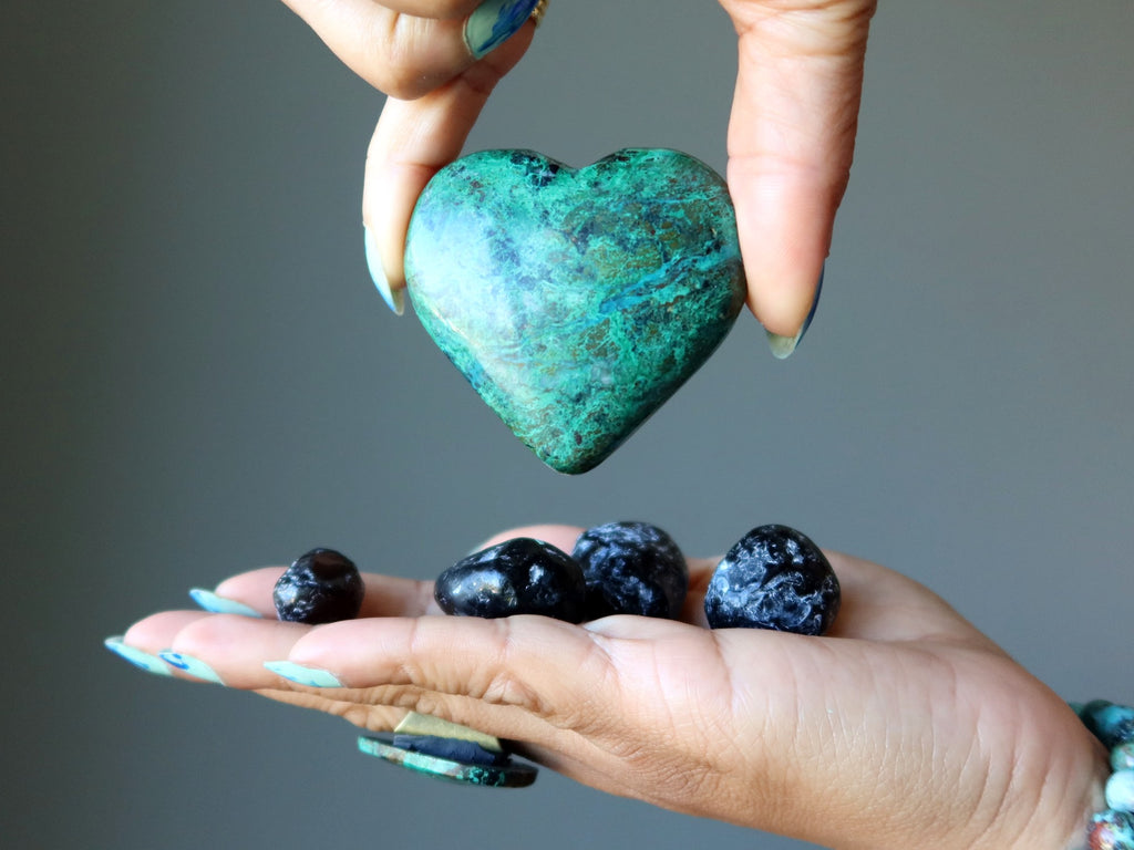 chrysocolla heart and apache tear obsidians