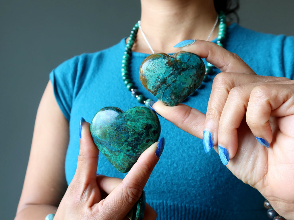 pair of chrysocolla hearts