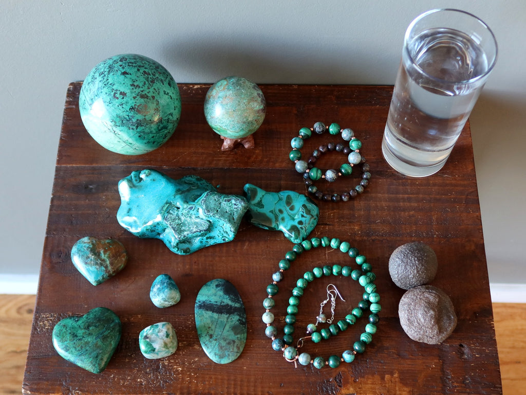 chrysocolla crystals, jewelry, moqui marbles, water