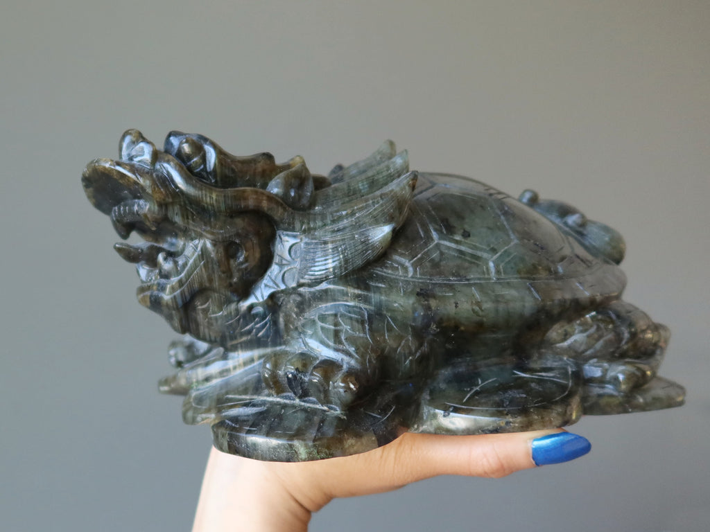 hand holding labradorite turtle dragon animal carving