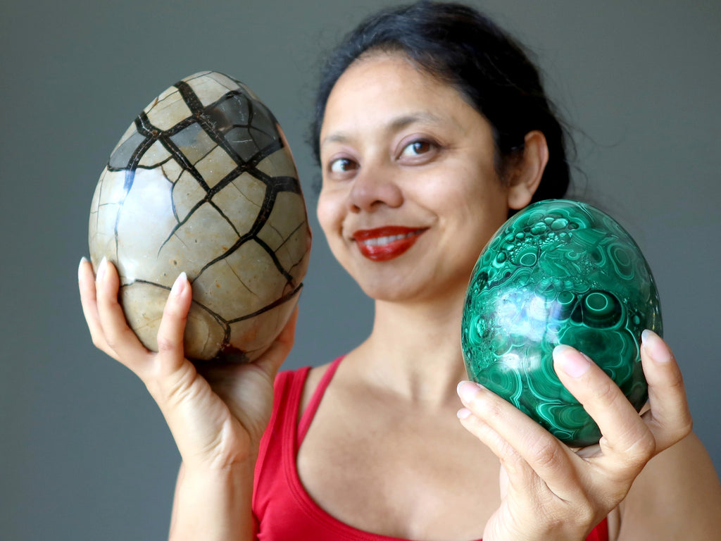 gemstone eggs uses with septarian and malachite stones