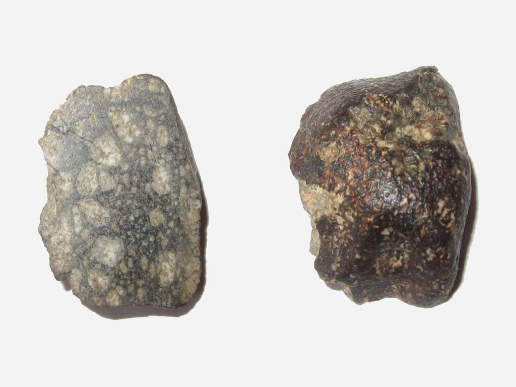 front and back image of eucrite meteorite rock specimen at satin crystals