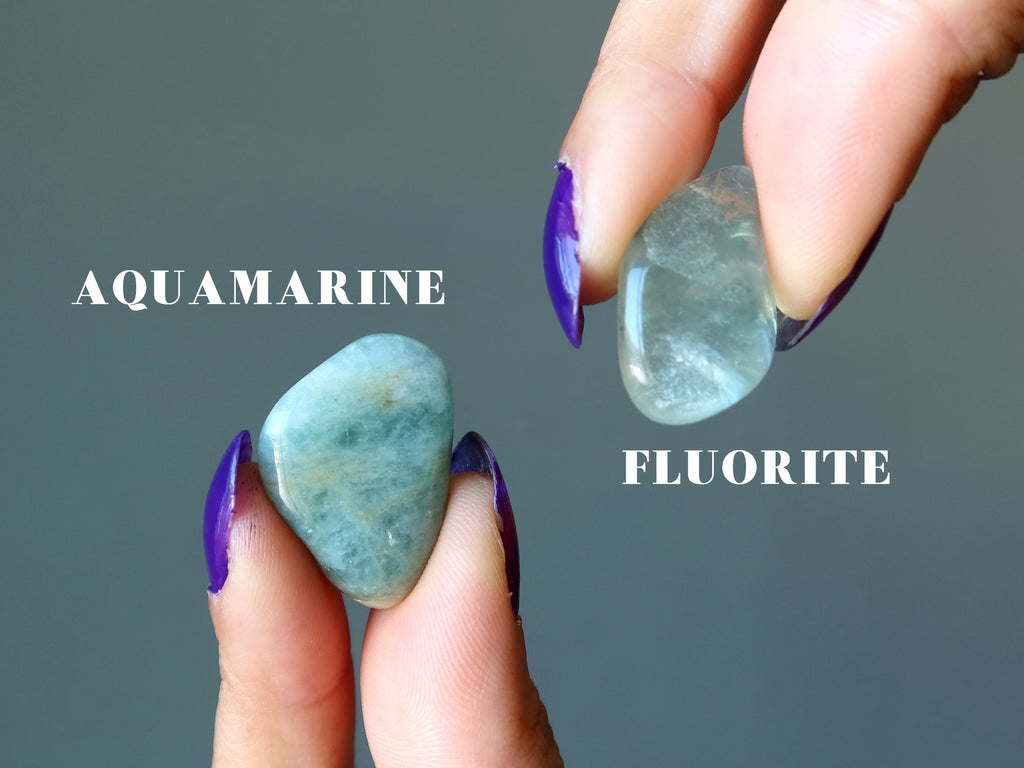 aquamarine and green fluorite tumbled stones