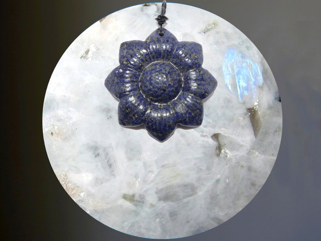 rainbow moonstone sphere with lapis flower pendant