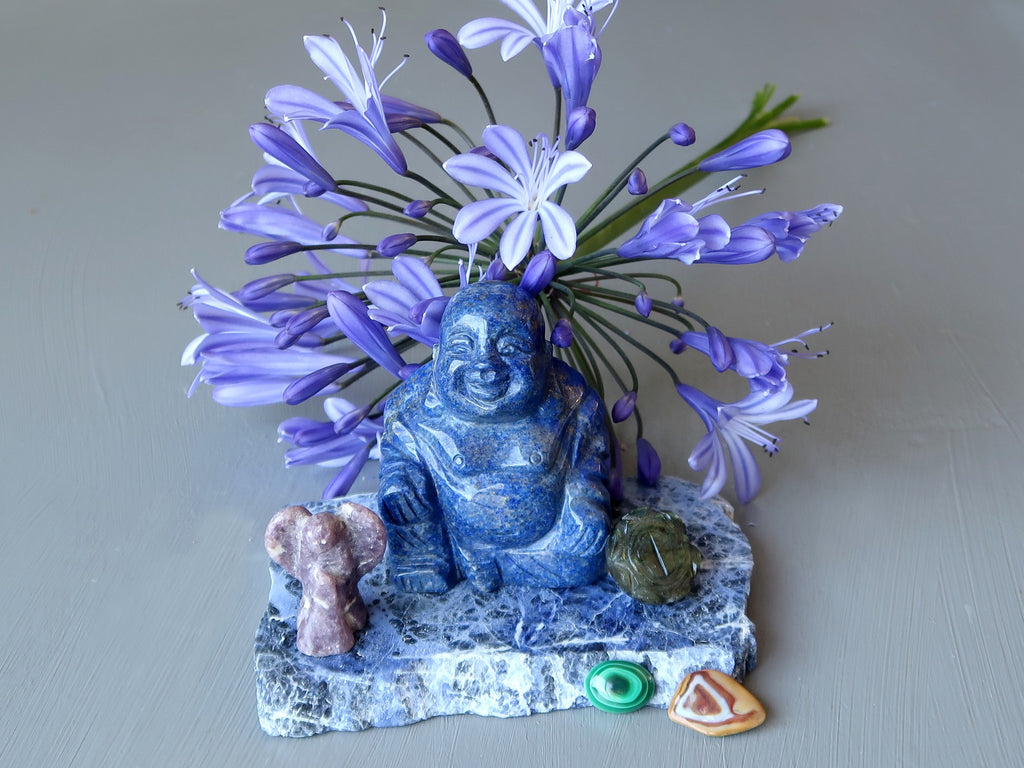 lapis buddha, lepidolite angel on sodalite slab with flowers