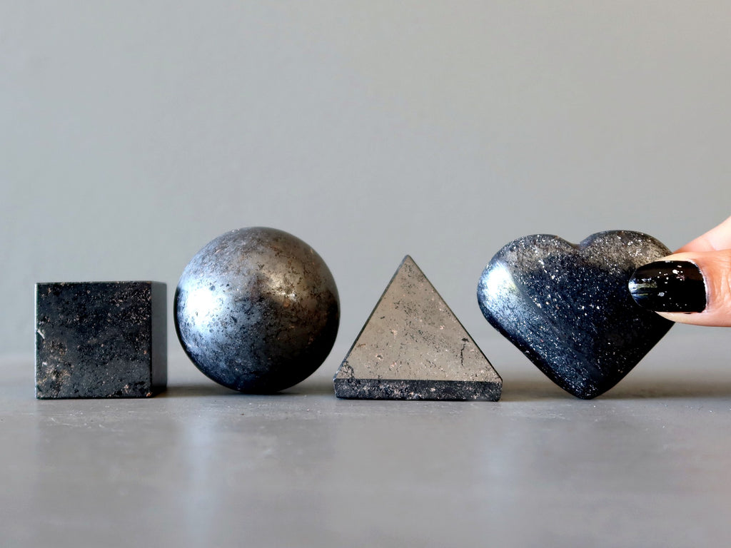 hematite cube, ball, pyramid, heart