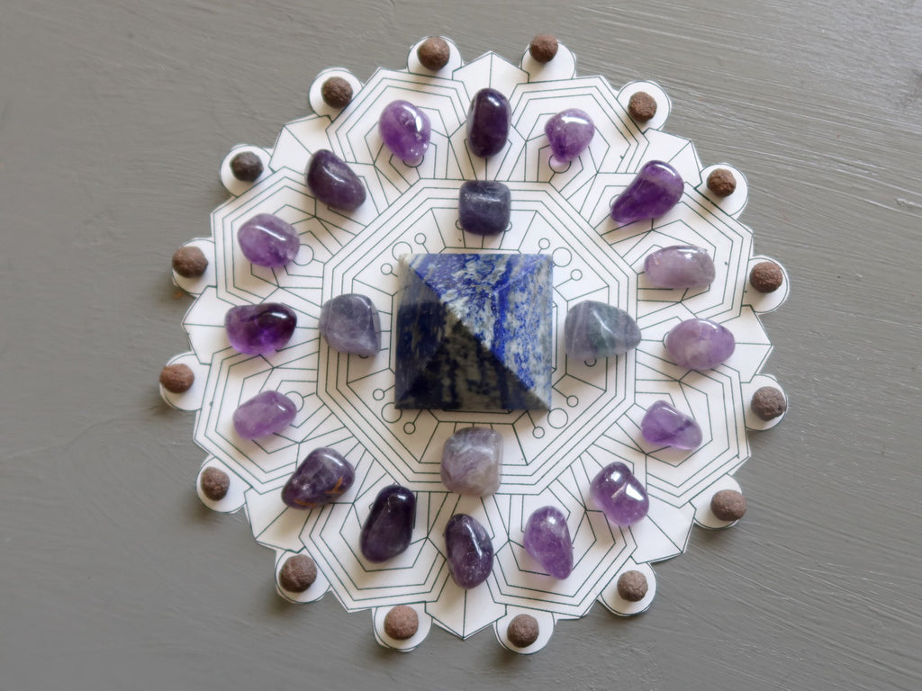 mandala with lapis, amethyst, fluorite, moqui ball crystals