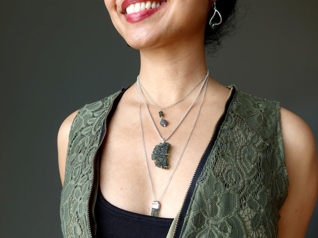 sheila of satin crystals layered with moldavite necklaces