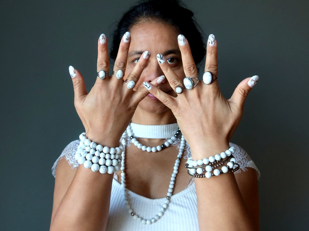 sheila of satin crystals wearing howlite bracelets, necklaces, rings